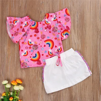 

1-5 Years Kids Girls Summer Set Baby Girls Flare Sleeve Rainbow Print T-Shirts+Drawstrings Tassel Mini Skirts Girl Casual Outfit