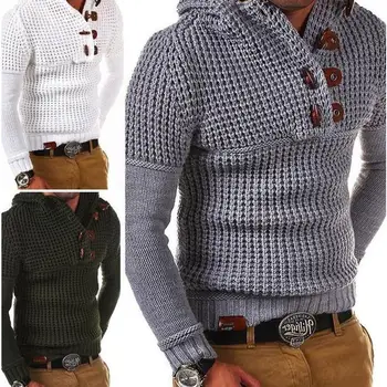 

New Fashion Casual Men Stand Collar Regular Winter Knitted Solid Warm Button Pullover Sweater Regular Fit,