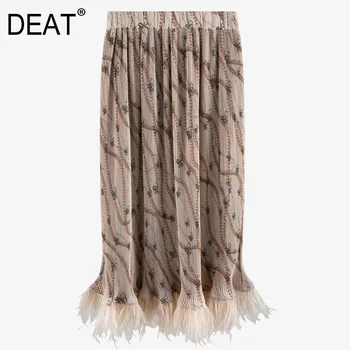 

DEAT 2020 New Summer Fashion Streetwear High Waist Tassel Patchwork Print Loose Pleated Slim Elastic Long Skirt Women SB8410