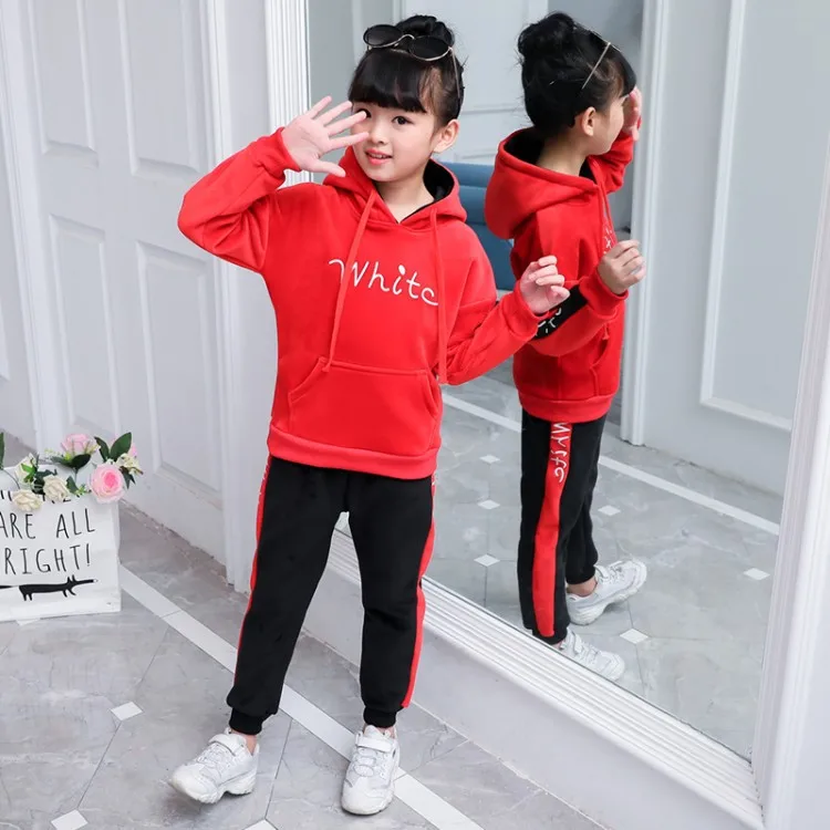 

2019 Autumn And Winter New Products Children Gold Velvet plus Velvet Two-Piece Set Girls Thick Fashion Hoodie Set