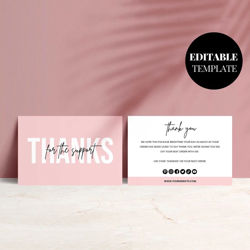 Tarjeta de agradecimiento personalizada para compras, paquete de regalo para tienda pequeña, color rosa, 200