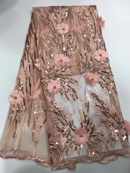 

Latest High Quality African Tulle Lace Fabric 3D Flowers Sequins With Beads French Net Lace For Wedding Dress FJ33011