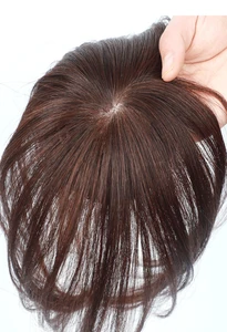 Toppers de cabello con Base de seda para mujer, peluquín de cabello humano 100% marrón oscuro corto, máquina Remy, extensiones de cabello con Clip, 9x9cm