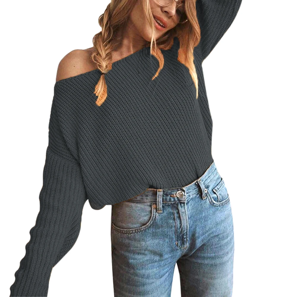 Небесно-голубой Heflashor off shoulder pullover womens sweater knitted sweater women long sleeve loose jumpers oversized sweater pull femme - Цвет: Небесно-голубой