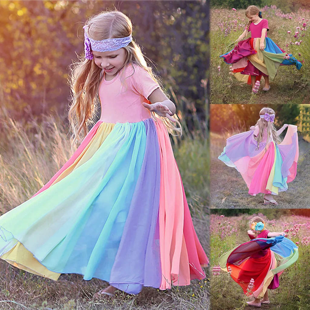 2020 New Spring Summer Girl Dress Kids Girls Rainbow Splice Princess Pageant Gown Birthday Party Dresses Photograph Formal Dres | Детская