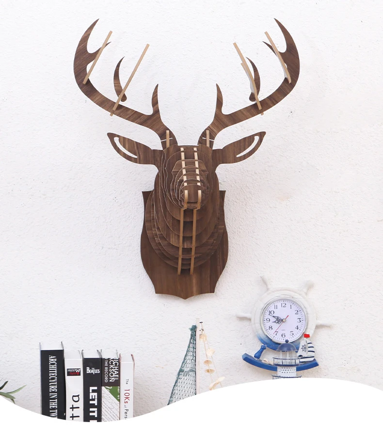 Big Deer Wood Statue Home Decor Sculpture 62x52cm Handwork Assembled Wall Decoration Accessories Hanging Statues Room Wall Decor (1)
