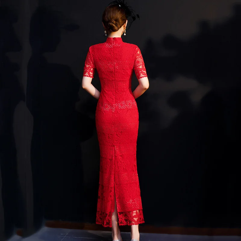 Красные женские кружевные Длинные Cheongsam Spring весеннее винтажное платье в китайском стиле Модные Qipao тонкие вечерние платья с пуговицами Vestido