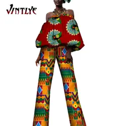 African Women Clothes Bazin Riche Ankara Print Cotton Batwing Shape Top and Pencil Pant 2 Pcs Set Dashiki Women Suits WY5591