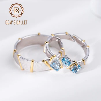 

GEM'S BALLET Natural Swiss Blue Topaz Cross Couple Rings 925 Sterling Silver Handmade Adjustable Open Ring For Women Engagement