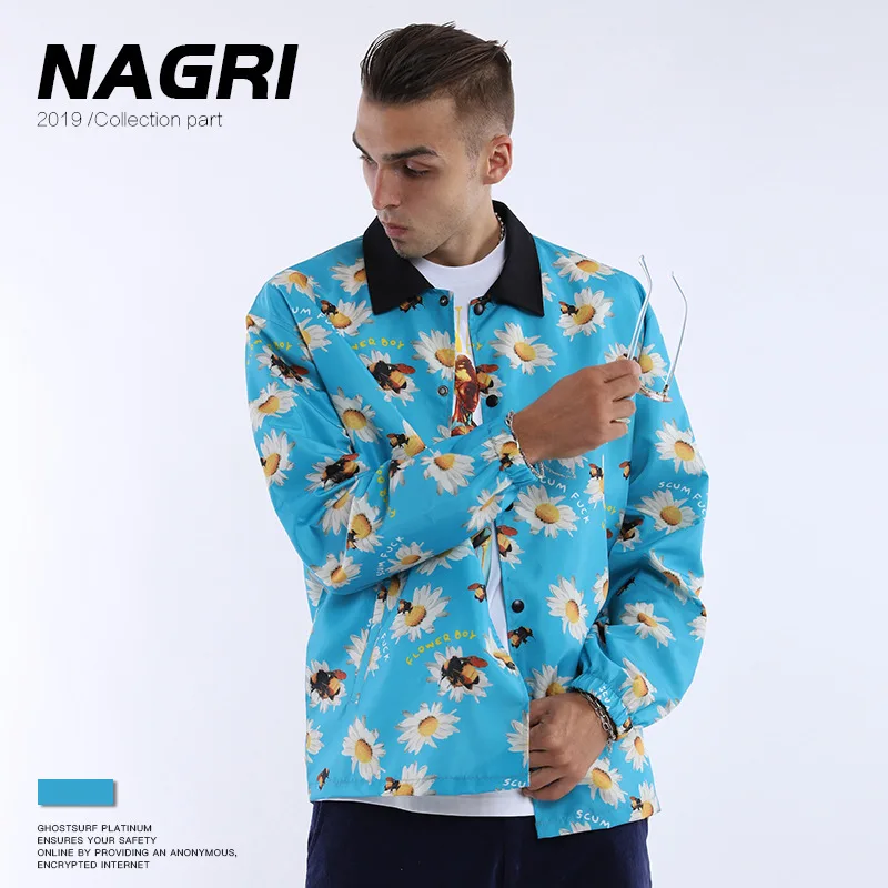 

Nagri 2019 Europe And America Popular Brand Autumn And Winter New Style Sunflower Bees Decorative Pattern Stand Collar Men Jacke