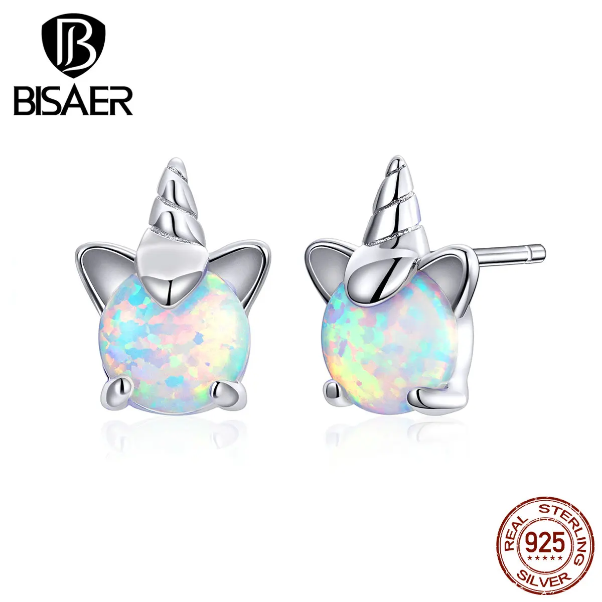 Серьги в виде единорогов BISAER,, 925 пробы, серебряный единорог, маленькие серьги-гвоздики для женщин, серебряные ювелирные изделия ECE737