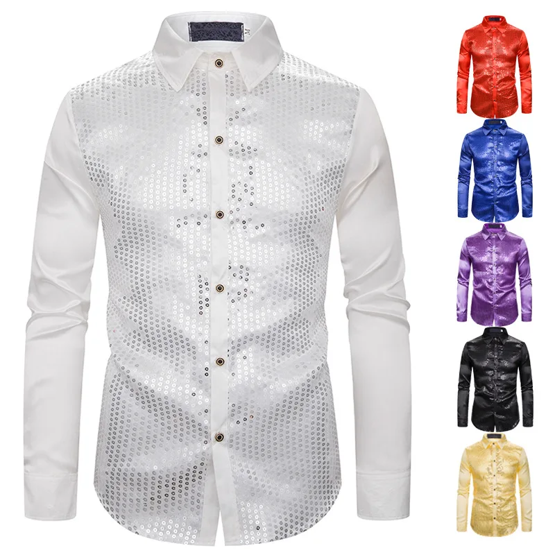Generic Mens Slim Solid Casual Sequin Long Sleeve Glitter Button Front Shirts 