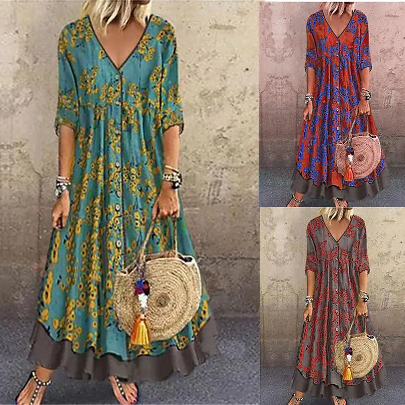 

2020 Spring and Autumn New Three-Quarter Sleeve Retro Printed Double-Layer plus Size Women's Dress