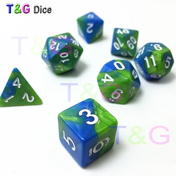 

Funny 2 Colors Green Mix Blue Multi Sided Dices 7 Dice Set for D&D RPG Games Camping Travelling Kids Adults Party Game As Gift
