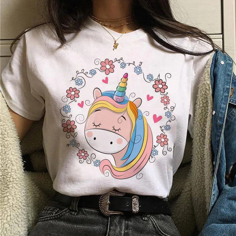 Женская футболка с единорогом kawaii с забавным рисунком ulzzang 90s Уличная футболка корейский стиль гранж Женская Повседневная футболка одежда