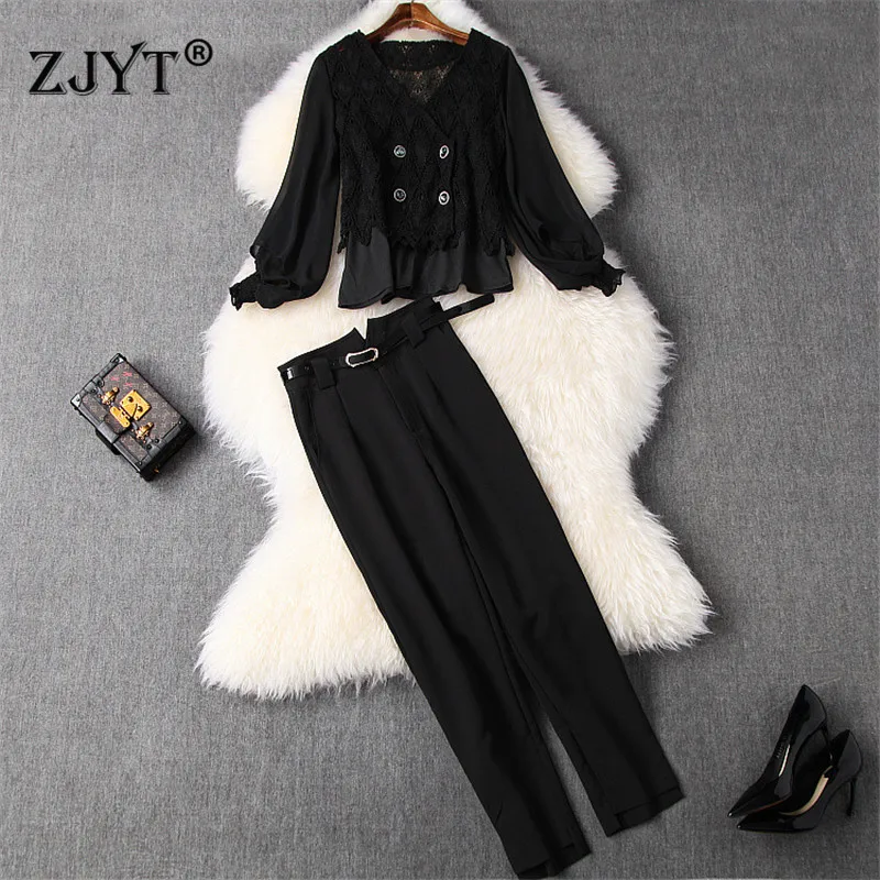 

Elegant Lady OL Pants 2Piece Set Women 2020 Spring Outfits V Neck Hollow Out Lace Top and Pencil Pants 3Piece Clothing Sets