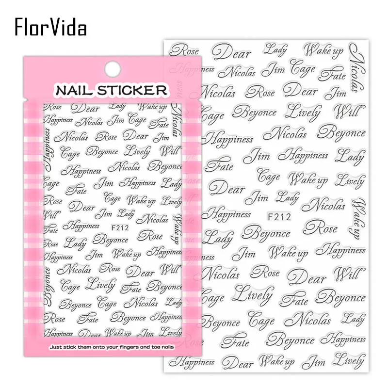F212 Silver FlorVida F207-213 черно-белые серебристые золотые буквы наклейки для ногтей художественный узор шрифт с клеем накладные ногти Красота Маникюр - Цвет: F212 Silver