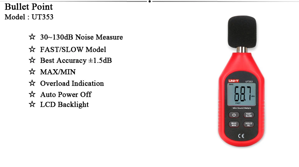 UNI-T UT353 измеритель уровня шума Измеритель уровня звука портативный цифровой аудио децибел Тестер уровня звука монитор дБ метр