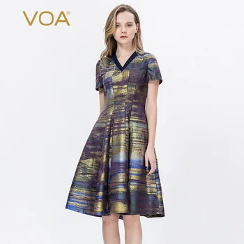 

VOA Silk Purple Yellow Glitter Jacquard Short Sleeve Navy Peach Collar Splicing Knee-length Dress A10261