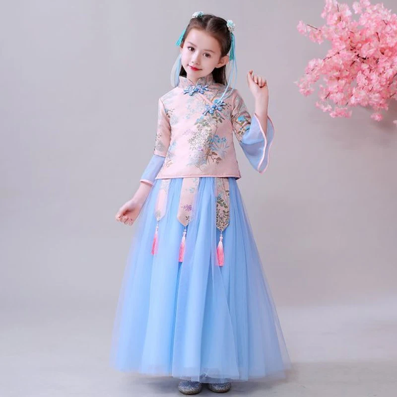 Qipao/платье с длинными рукавами платье цветочным узором для девочек вечерние