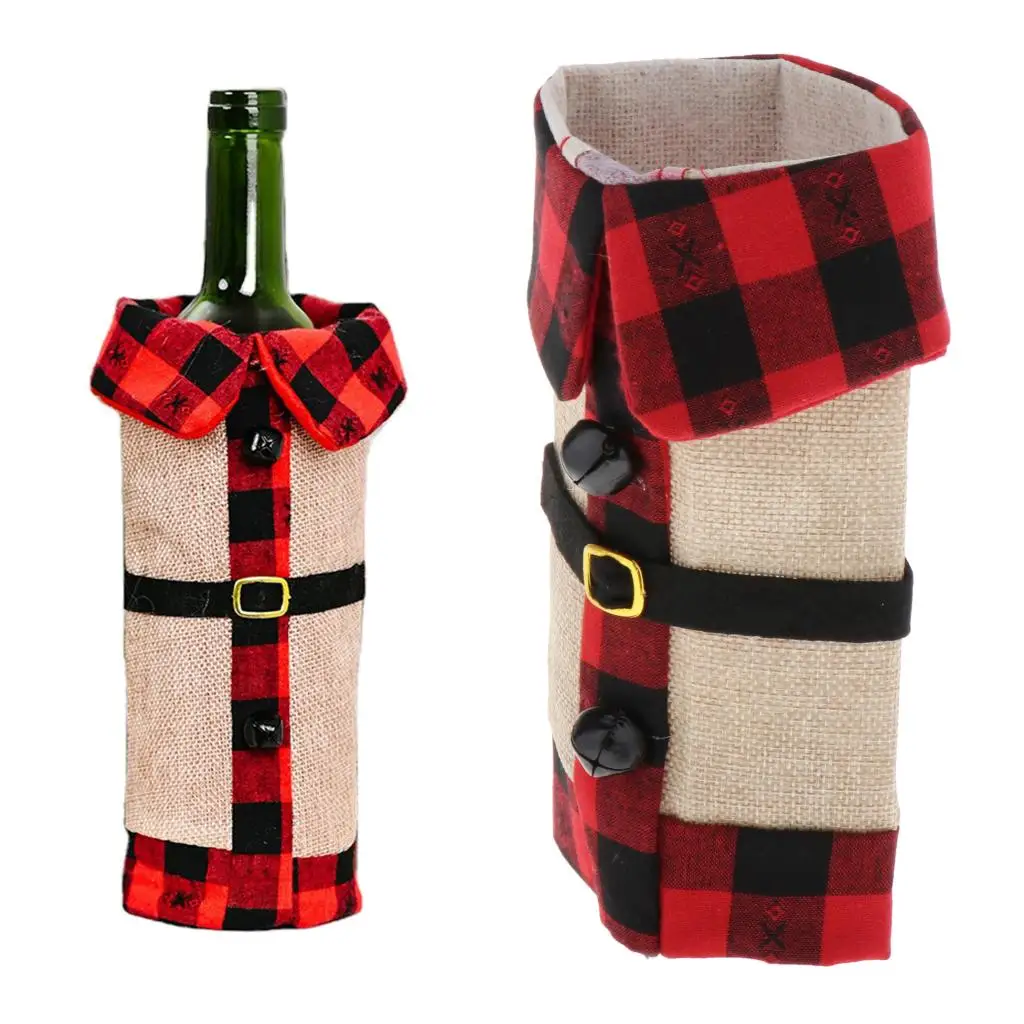 Christmas Red Grid Wine Bottle Cover, can Replace Hanging Wine Labels and Wine Licenses, Xmas Festival Party Gift Table Decor
