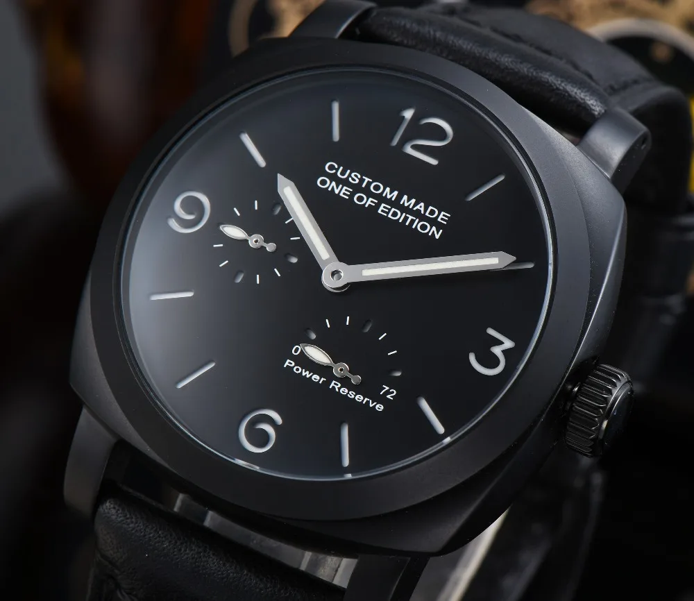 

Mens watch 44M automatic movement PVD case black resistant 316L new with leather strap luminous hands Mineral scratch-proof a1