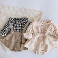 Vintage Baby Girl Overall Shirt Set Clothes Autumn Linen Girls Floral Blouss , Romper , Dress Newborn Baby Girls Strap Outfits 1