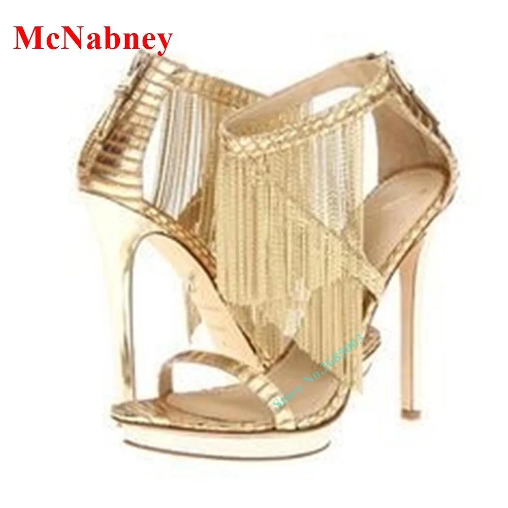 

Metal Fringe Open Toe Ankle Sandals Thin High Heel Gold Solid Back Zipper Sandals Women Party Shoe Summer Sexy Designer Sandals