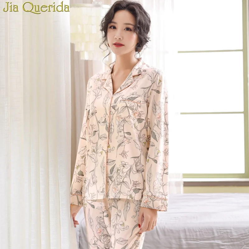 Spring Fall Long Sleeves Pajamas Set 2 Pcs Cotton Sleeping Suit Loungewear Home Suit for Women Floral Female Pajamas