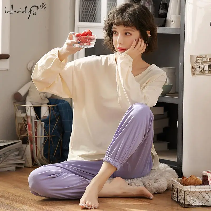 

Spring And Fall Pajamas Set Solid Color Women Comfort Loose Sleepwear 2Pcs Set Long Sleeve+Pants Round Neck Homewear Set