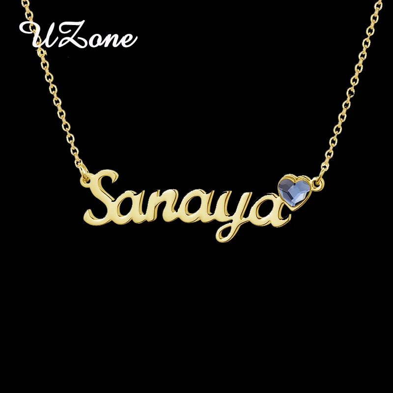 

UZone Birthday Stone Heart Nameplate Necklace CZ Custom Love Personalized Name Necklaces Women Wedding Engagement Wholesale