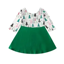 Рождественские вечерние платья трапециевидной формы в стиле пэчворк с длинными рукавами и принтом для маленьких девочек Рождественская одежда От 1 до 5 лет
