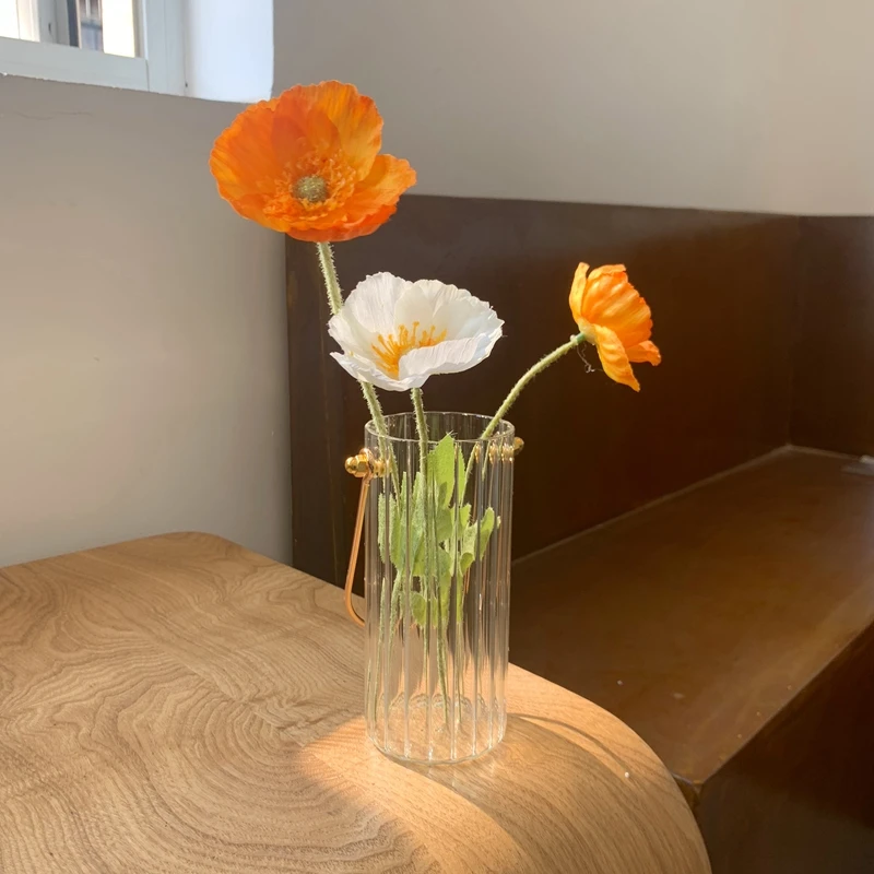 European Vertical Pattern Glass Hydroponic Vase with Metal Handle Simple Home Desktop Decoration Vase Desk Storage Bucket 2