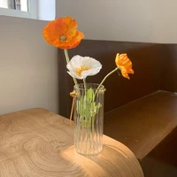 European Vertical Pattern Glass Hydroponic Vase with Metal Handle Simple Home Desktop Decoration Vase Desk Storage Bucket 2