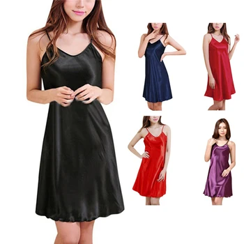 

Women Sexy Silk Satin Nightdress Sleeveless Nighties V-neck Nightwear Casual Nightgowns