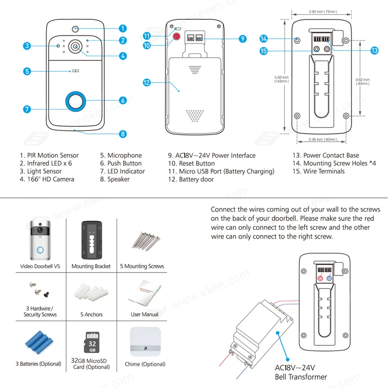 EKEN Смарт IP видеодомофон wifi дверной Звонок камера для квартиры ИК сигнализация беспроводная камера безопасности
