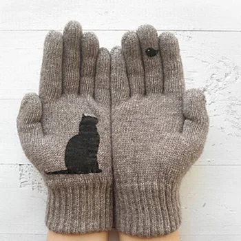 

Creative Winter Women Gloves Kawaii Cat Bird Printing Patchwork Woolen Keep Warm Gloves Fashion Casual Outdoor Sports