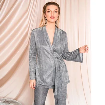 

Lazy pajama style coat 2020 new casual blazer Women v-neck sexy cardigan lace-up slim Simplism pure color blazer Spring fashion