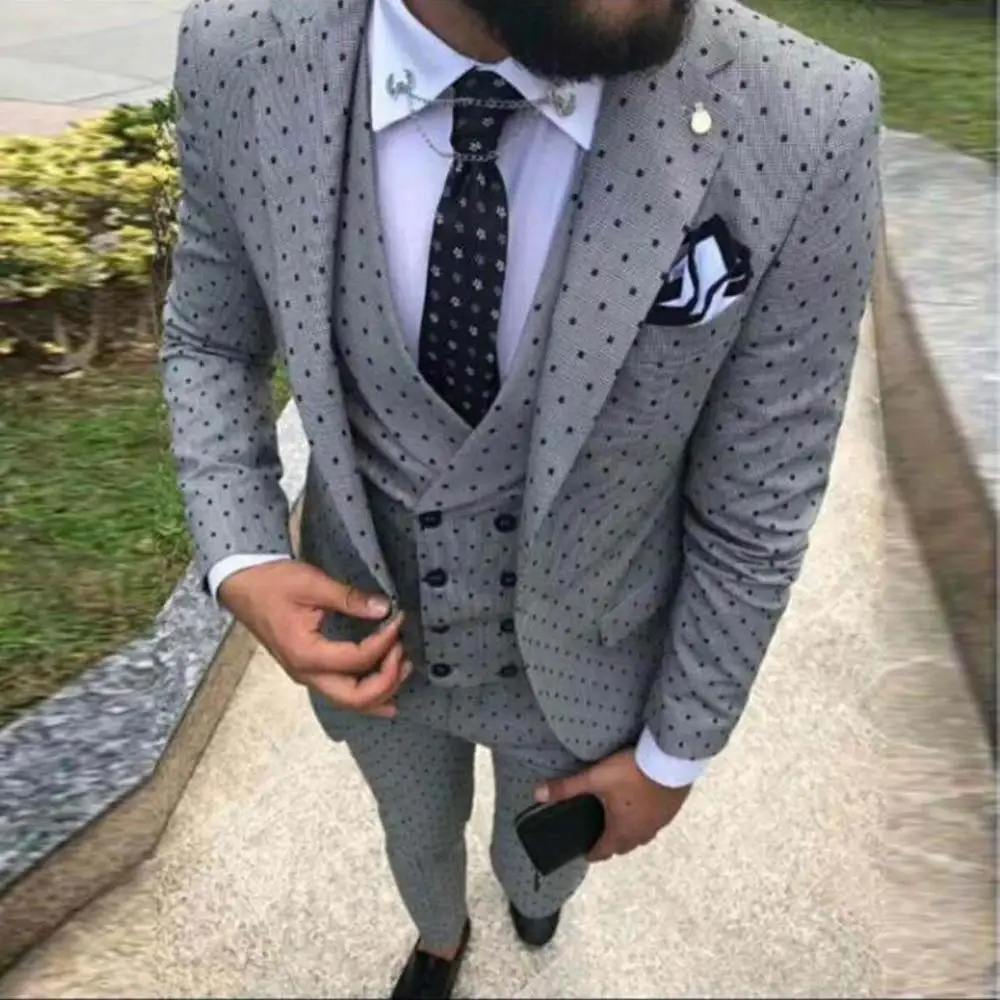 

2020 Men's Poika Dot Suit 3-Pieces Latest Coat Pant Designs Notch Lapel Tuxedos Groomsmen For Wedding/party(Blazer+vest+Pants)