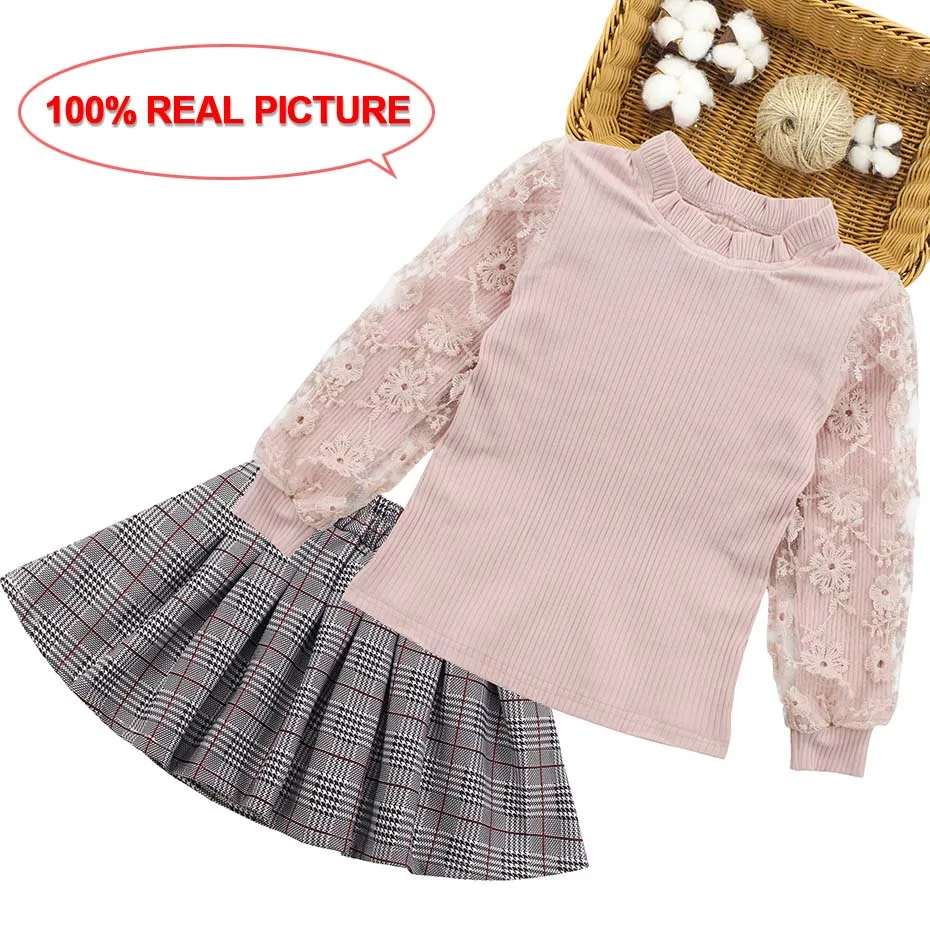Комплект одежды для детей, осенняя одежда для девочек-подростков, детская Кружевная футболка+ юбка, костюмы из 2 предметов для девочек 6, 7, 10, 11, 12 лет - Цвет: Розовый