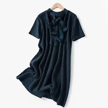 

Bow Tie Solid Color Women's Knit Mini Dress Deep V Short Sleeve Loose Lace-up Both Sides Wear Short Dresses