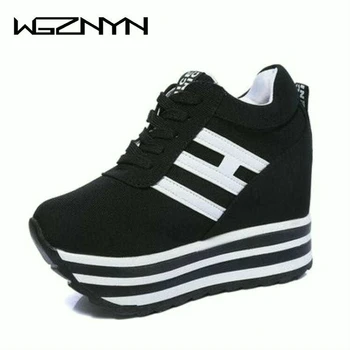 

Platform Shoes Woman Sneakers Spring Increase Internal Shoes Ladies 10CM Heels Woman Autumn Canvas Shoes Zapatos De Mujer W306