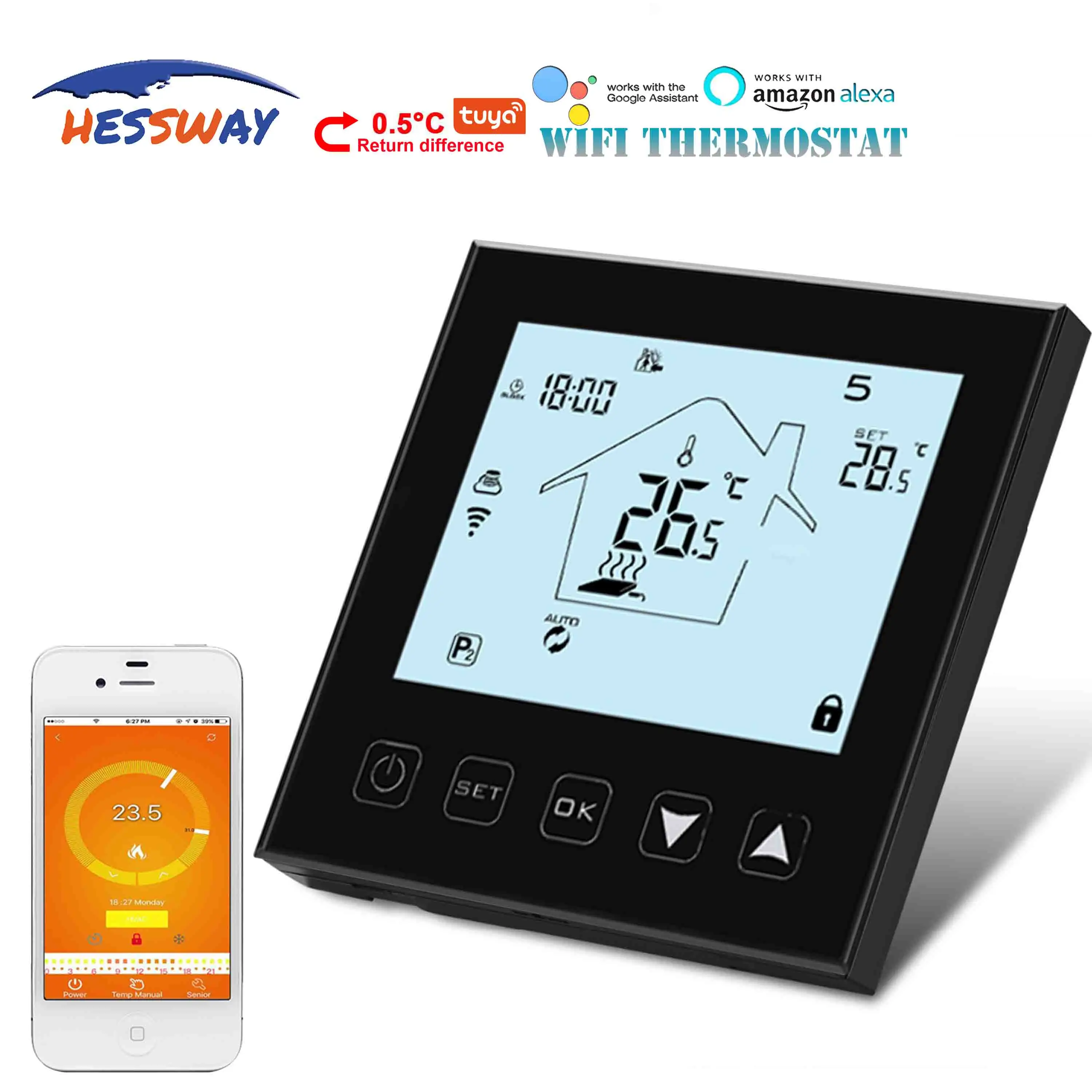 HESSWAY 네거티브 디스플레이 프로그래밍 가능 전기 와이파이 온도 조절기, 난방 듀얼 센서 16A