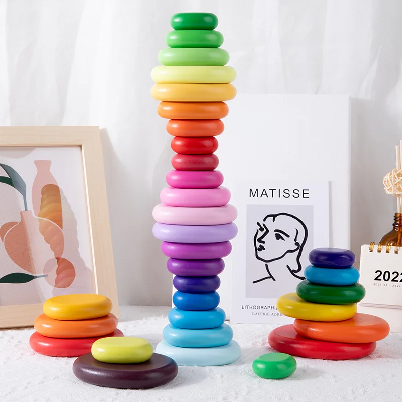 Baby Educational Geometric Wood Stone Creative Stacking Balancing Block Toy Gift 