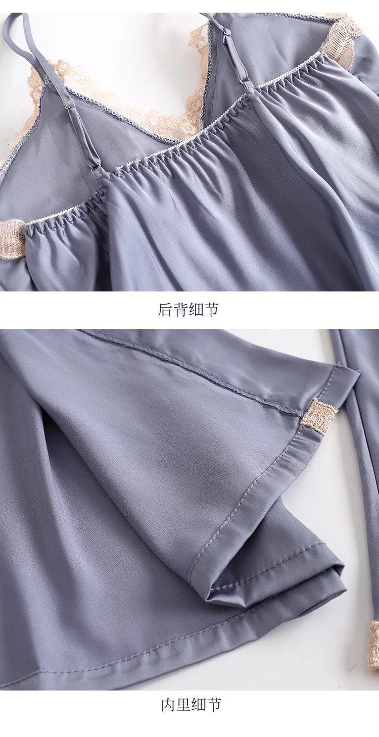 Daeyard/женская пижама, Шелковый пижамный комплект из 5 предметов, атласная пижама с аппликацией, Сексуальная кружевная Пижама, халат, одежда для сна, домашняя одежда