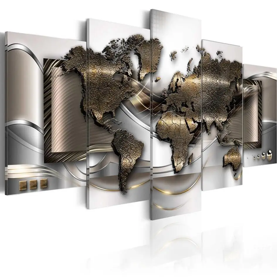 

2020 Abstract HD World Map High Quality 5 Panel Canvas Painting