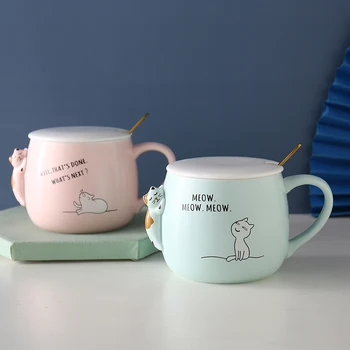 

Creative Cute Coffee Mug Personalised Cartoon Couple Juice Mug with Spoon Hand Painted Esspresso Cups Drinkware Girl Gift DA60MK
