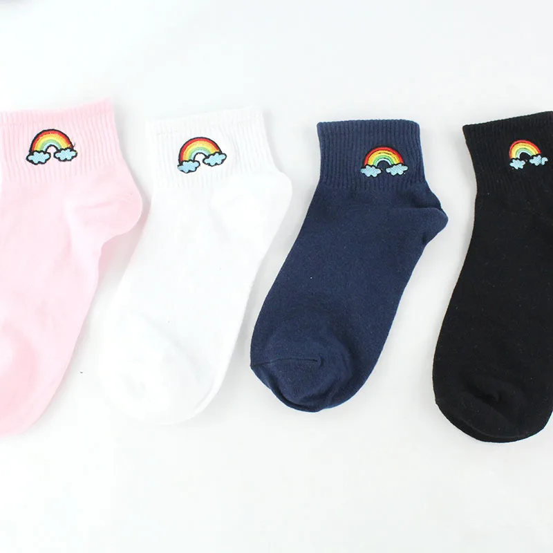 Короткие хлопковые носки для взрослых розовые, темно-синие, радужные, радужные, с облаками, изогнутые, с вышивкой, с глазами, слезные, с глазами