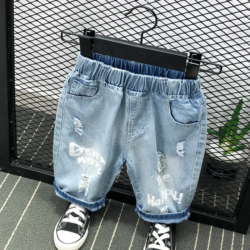 

BOY'S Cowboy Capri Pants Summer Thin Section Shorts Children with Holes Jeans Baby tong zhong ku Lettered with Holes