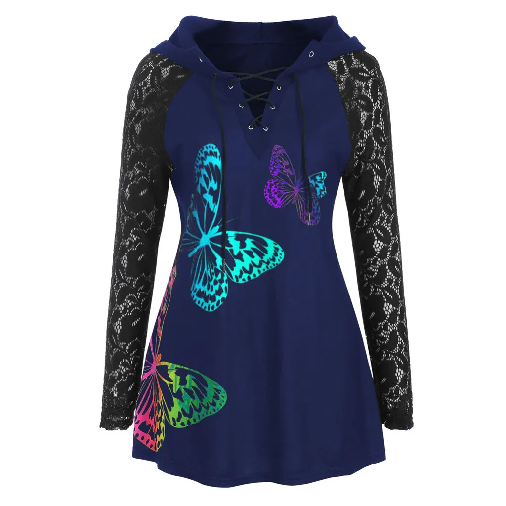 Женские топы с длинным рукавом и принтом бабочки, женские топы с капюшоном, кружевная блузка, женская одежда, цветные пуловеры размера плюс, 19Nov07